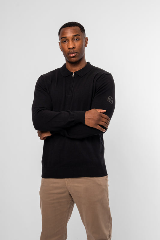 Luxe Premium Black Long Sleeve Knit Polo